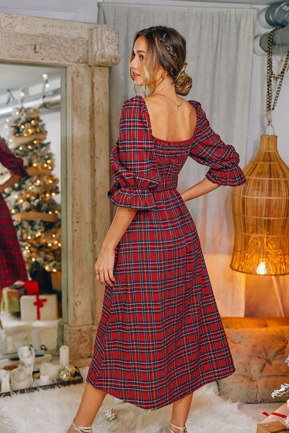 Plaid Midi Dress | Puff Sleeves & Bow Detail | Festive Holiday Style