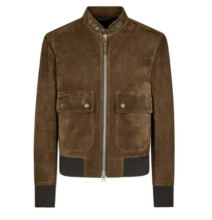 Suede Bomber Jacket | Ribbed Trim & Dual-Button Chest Pockets