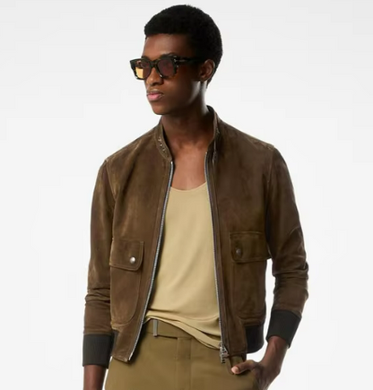 Suede Bomber Jacket | Ribbed Trim & Dual-Button Chest Pockets