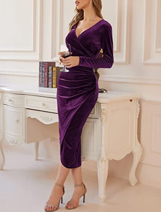 Velvet Wrap Midi Dress | Long Sleeve Design | Luxurious Evening Wear