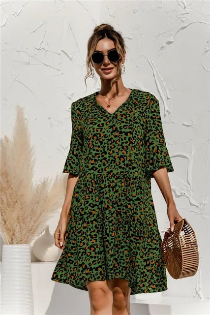 Tiered Leopard Print Dress | V-Neckline | Ruffle Sleeve Silhouette