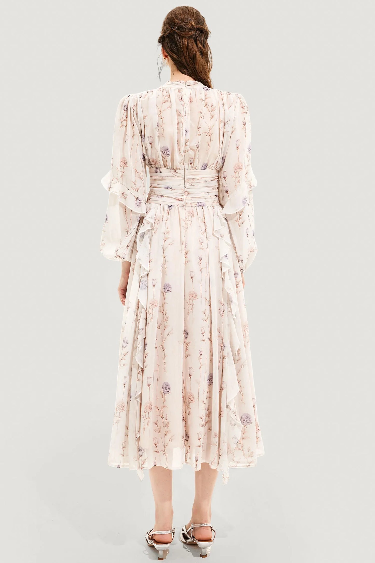 Floral Chiffon Midi Dress | Long-Sleeve Fit-and-Flare with Ruffle Trim