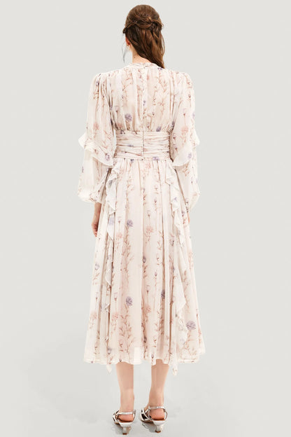 Floral Chiffon Midi Dress | Long-Sleeve Fit-and-Flare with Ruffle Trim