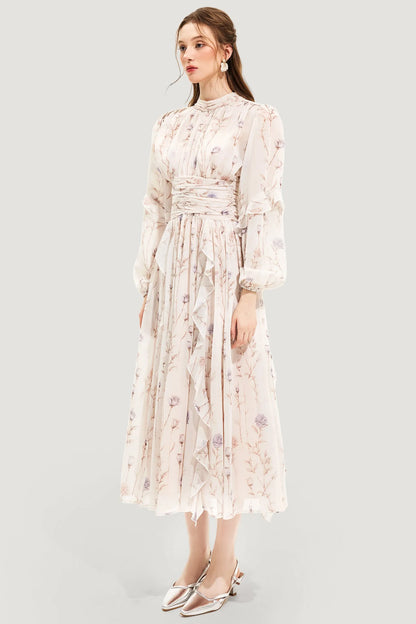 Floral Chiffon Midi Dress | Long-Sleeve Fit-and-Flare with Ruffle Trim