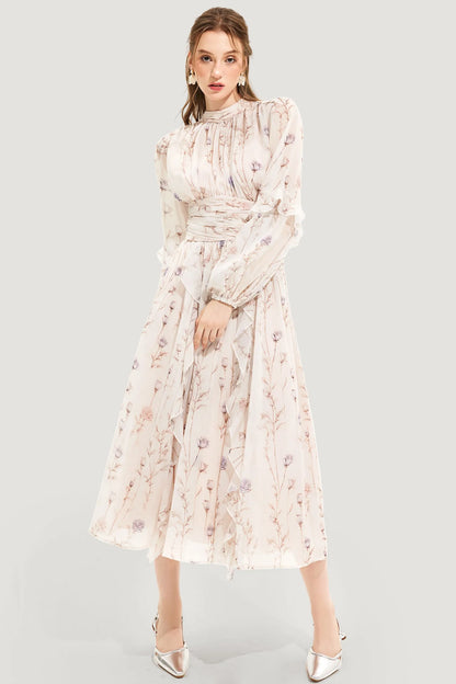 Floral Chiffon Midi Dress | Long-Sleeve Fit-and-Flare with Ruffle Trim
