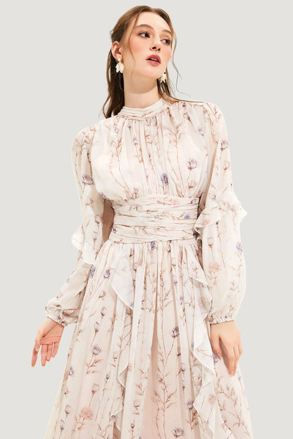 Floral Chiffon Midi Dress | Long-Sleeve Fit-and-Flare with Ruffle Trim