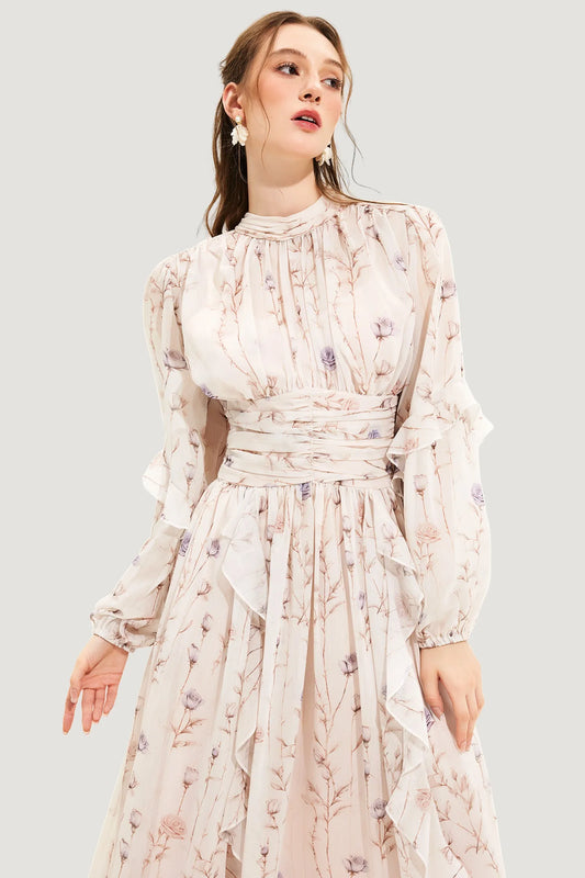 Floral Chiffon Midi Dress | Long-Sleeve Fit-and-Flare with Ruffle Trim