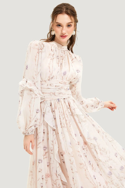 Floral Chiffon Midi Dress | Long-Sleeve Fit-and-Flare with Ruffle Trim