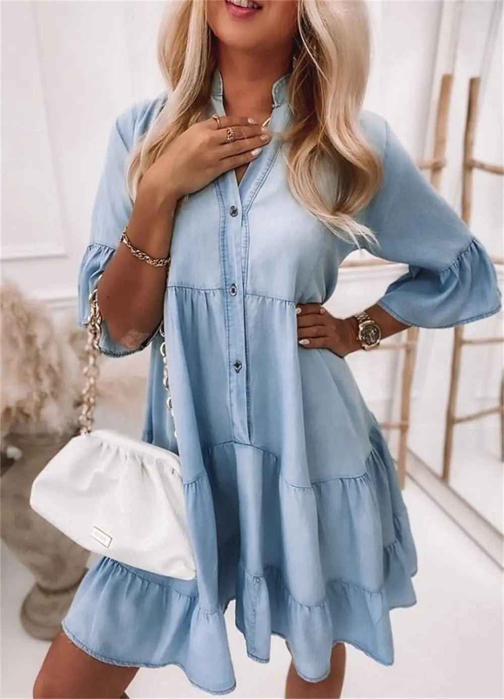 Cotton Denim Tiered Mini Dress | Button Front | Relaxed A-Line Fit