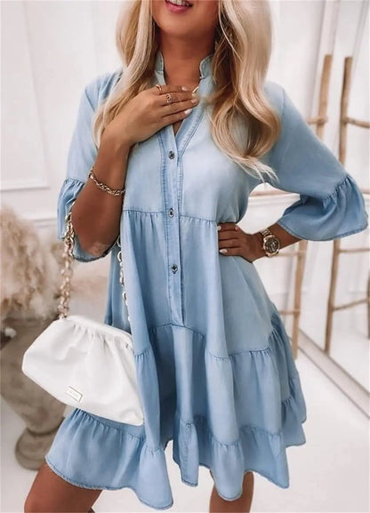 Cotton Denim Tiered Mini Dress | Button Front | Relaxed A-Line Fit
