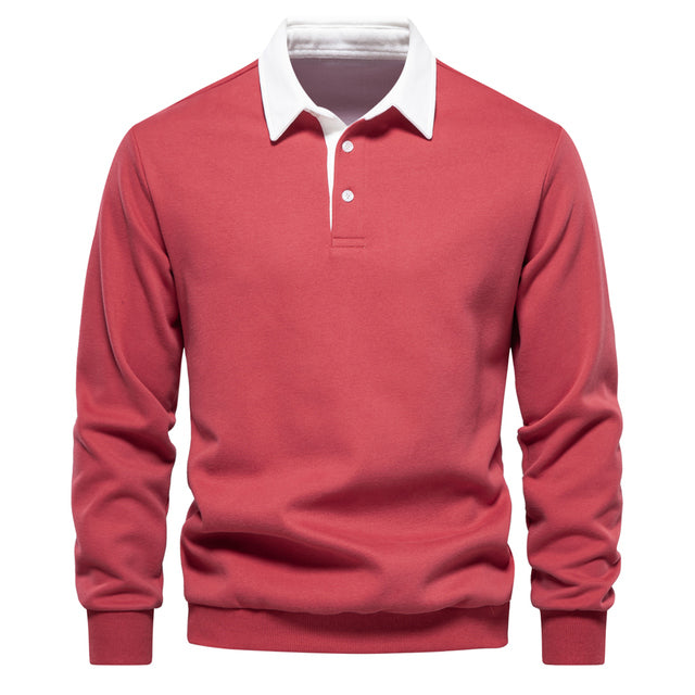 Men's Contrast Collar Polo Sweatshirt | Cotton Blend Pullover | Smart Casual Layer