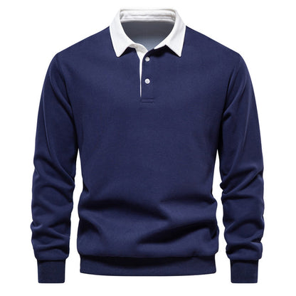 Men's Contrast Collar Polo Sweatshirt | Cotton Blend Pullover | Smart Casual Layer