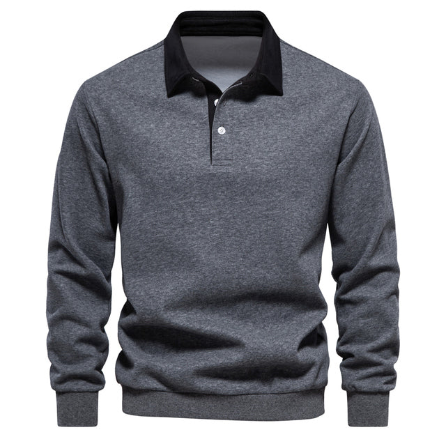 Men's Contrast Collar Polo Sweatshirt | Cotton Blend Pullover | Smart Casual Layer