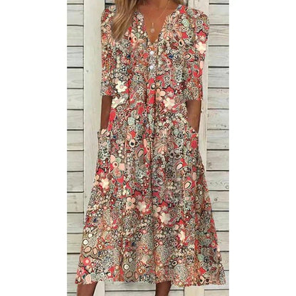 Boho Midi Dress with Pockets | V-Neckline | Flowing Silhouette