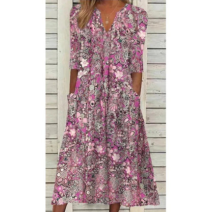 Boho Midi Dress with Pockets | V-Neckline | Flowing Silhouette