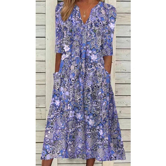 Boho Midi Dress with Pockets | V-Neckline | Flowing Silhouette