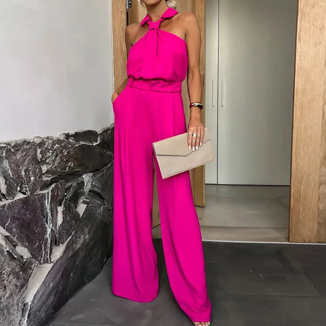 Halter-Neck Wide-Leg Jumpsuit | Tailored Waist & Pleated Pant | Elegant Occasionwear