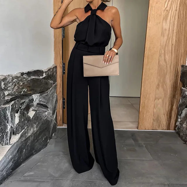 Halter-Neck Wide-Leg Jumpsuit | Tailored Waist & Pleated Pant | Elegant Occasionwear