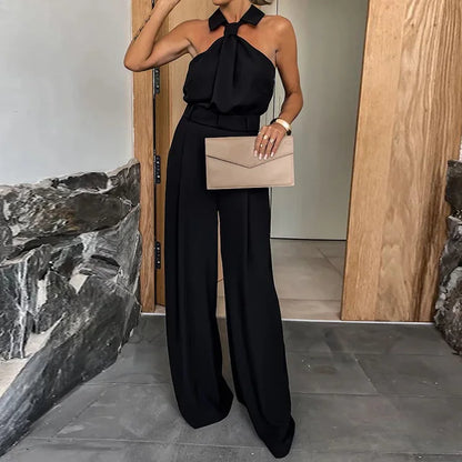 Halter-Neck Wide-Leg Jumpsuit | Tailored Waist & Pleated Pant | Elegant Occasionwear