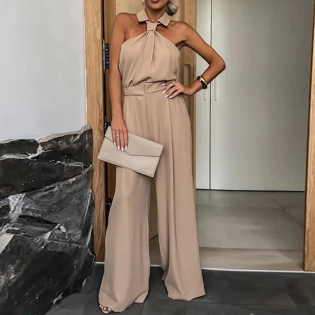 Halter-Neck Wide-Leg Jumpsuit | Tailored Waist & Pleated Pant | Elegant Occasionwear