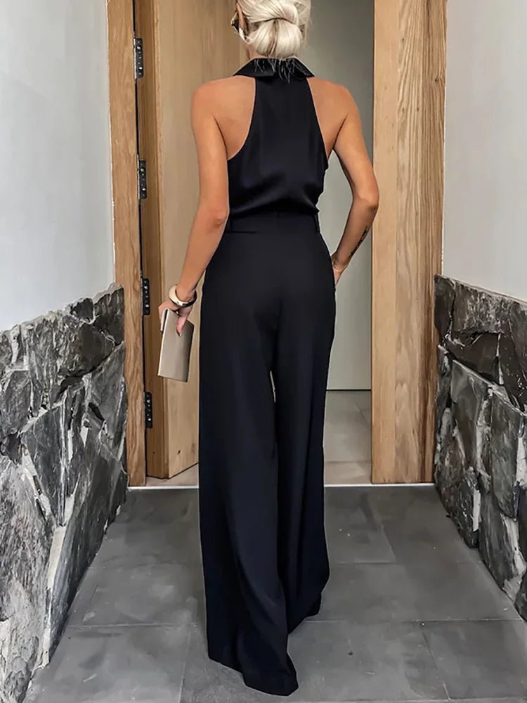 Halter-Neck Wide-Leg Jumpsuit | Tailored Waist & Pleated Pant | Elegant Occasionwear