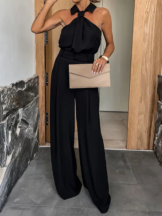 Halter-Neck Wide-Leg Jumpsuit | Tailored Waist & Pleated Pant | Elegant Occasionwear