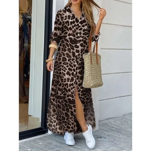 Animal Print Maxi Shirt Dress | Button-Down Front & Side Slit | Lightweight Casual Fit
