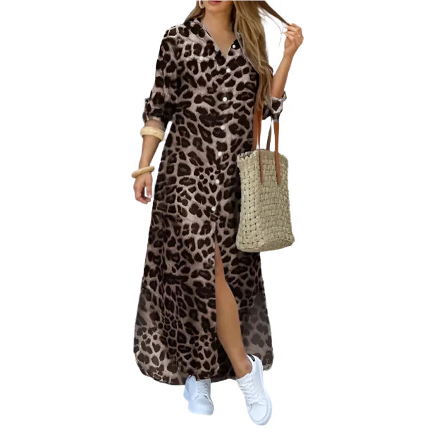 Animal Print Maxi Shirt Dress | Button-Down Front & Side Slit | Lightweight Casual Fit