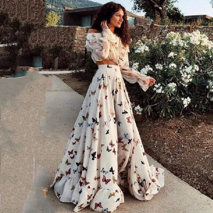 Butterfly Print Two-Piece Set | Cropped Blouse & Wide-Leg Pants | Flowing Fabric | Elegant Statement