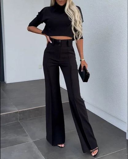 Chic Two-Piece Set | Crop Top & Flared Pants | Sleek Polyester Design