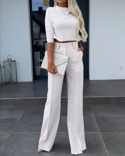 Chic Two-Piece Set | Crop Top & Flared Pants | Sleek Polyester Design