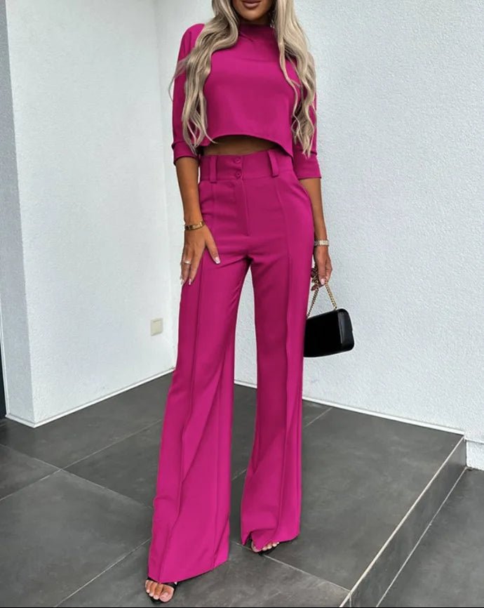 Chic Two-Piece Set | Crop Top & Flared Pants | Sleek Polyester Design