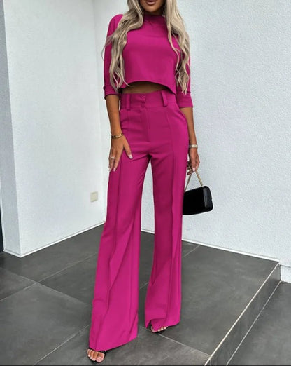 Chic Two-Piece Set | Crop Top & Flared Pants | Sleek Polyester Design