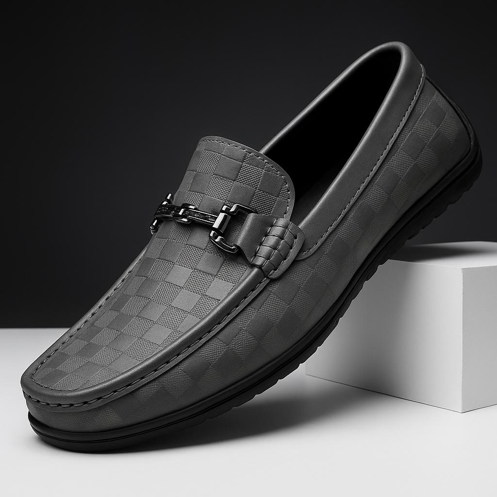Embossed Leather Loafers | Slip-On Dress Shoes with Metal Accent