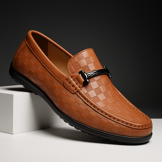 Embossed Leather Loafers | Slip-On Dress Shoes with Metal Accent