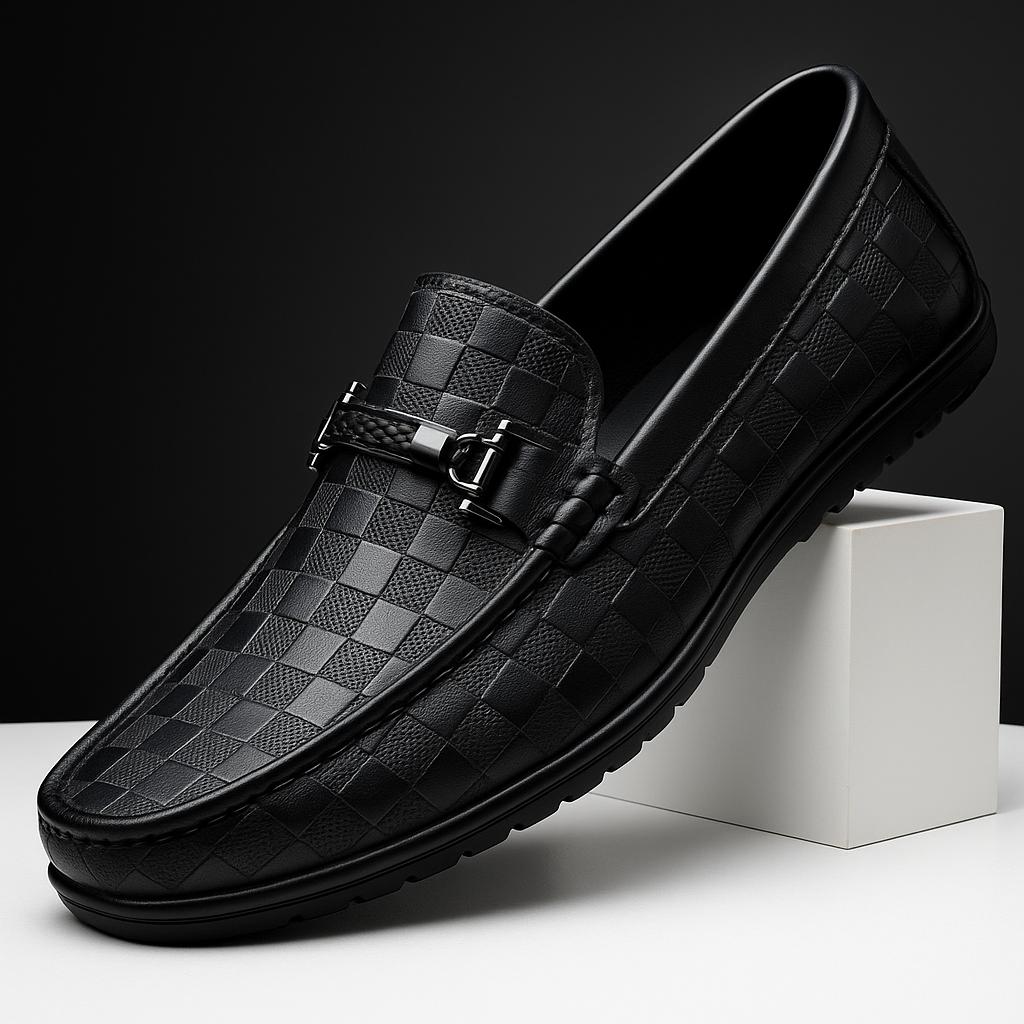 Embossed Leather Loafers | Slip-On Dress Shoes with Metal Accent