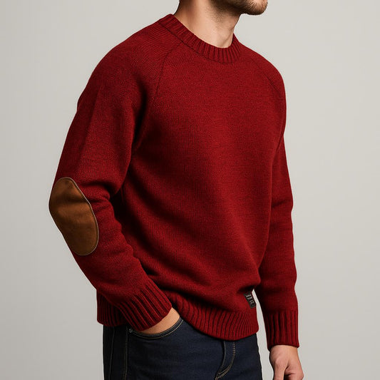 Men's Crewneck Knit Sweater | Suede Elbow Patches | Classic Winter Style