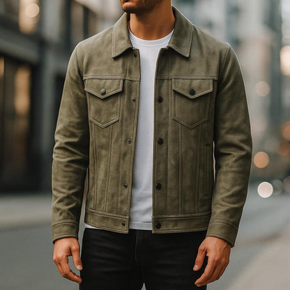 Men’s Suede Trucker Jacket | Classic Button-Up Outerwear for Transitional Weather