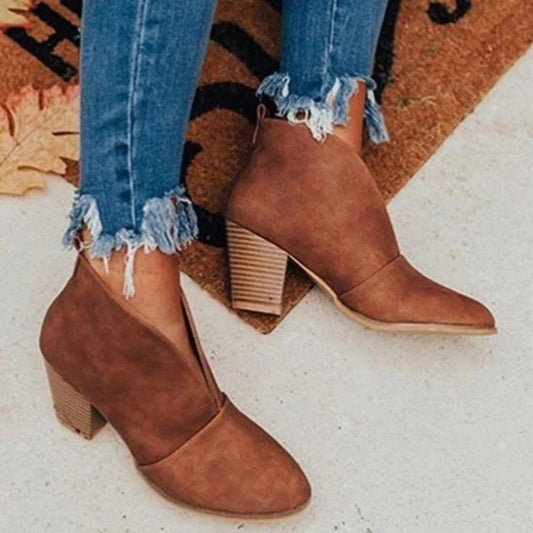 V-Cut Ankle Booties | Slip-On Chunky Heel Boots | Fall Casual Footwear