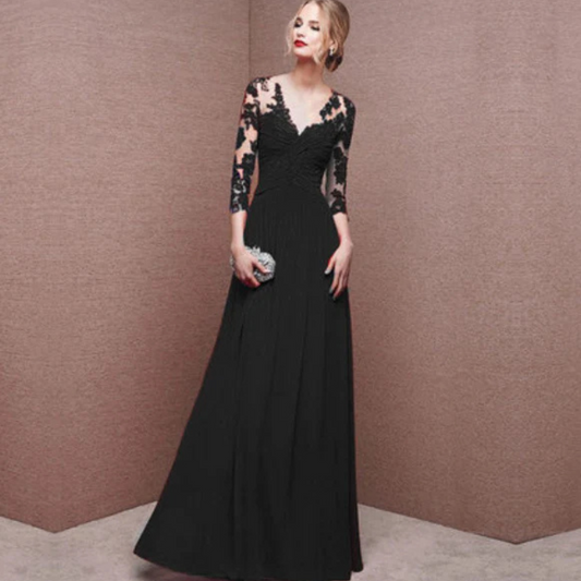 Lace Bodice Evening Gown | Long Sleeve Chiffon Maxi | Elegant Formal Dress