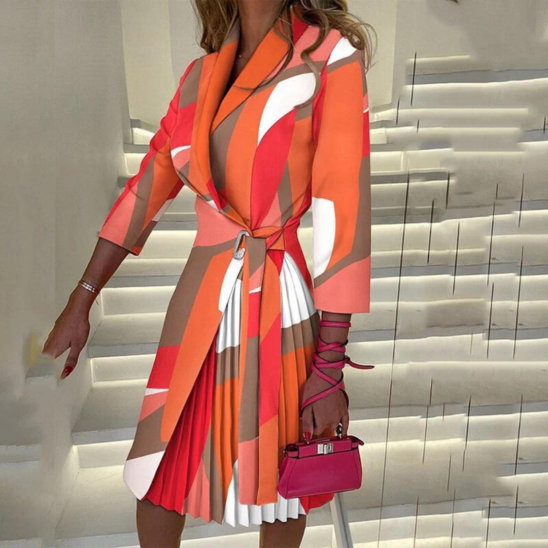 Wrap Front Midi Dress | 3/4 Sleeve & Pleated Contrast Skirt | Modern Structured Fit