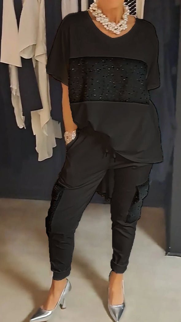 Embellished Two-Piece Pant Set | Relaxed Fit Tunic and Tapered Pants