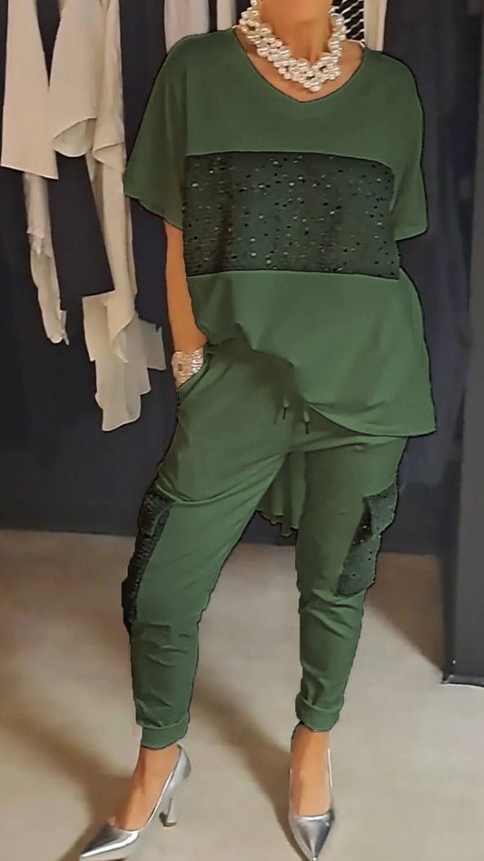 Embellished Two-Piece Pant Set | Relaxed Fit Tunic and Tapered Pants