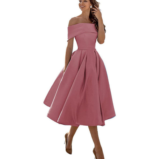 Off-Shoulder Midi Dress | Elegant Fit and Flare | Formal Event Ready