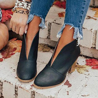V-Cut Ankle Booties | Slip-On Chunky Heel Boots | Fall Casual Footwear
