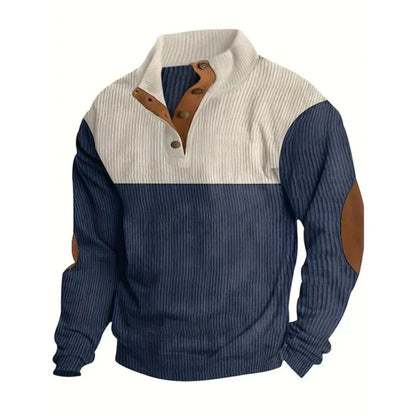 Colourblock Henley Fleece Pullover | Suede Elbow Patch | Casual Quarter-Snap Sweater