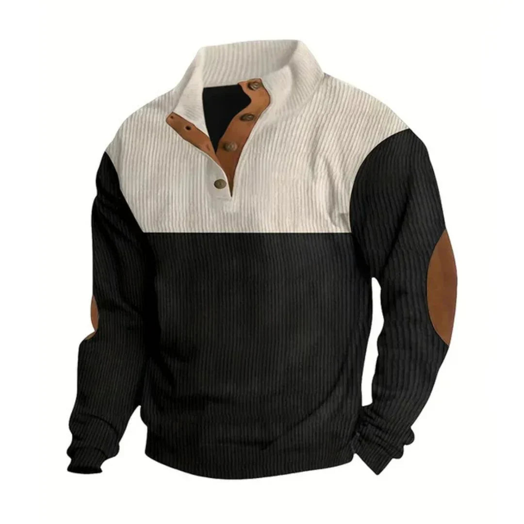 Colourblock Henley Fleece Pullover | Suede Elbow Patch | Casual Quarter-Snap Sweater