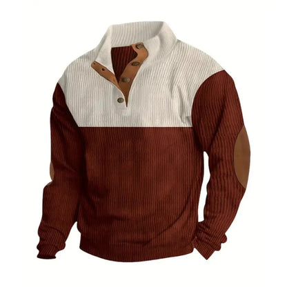 Colourblock Henley Fleece Pullover | Suede Elbow Patch | Casual Quarter-Snap Sweater