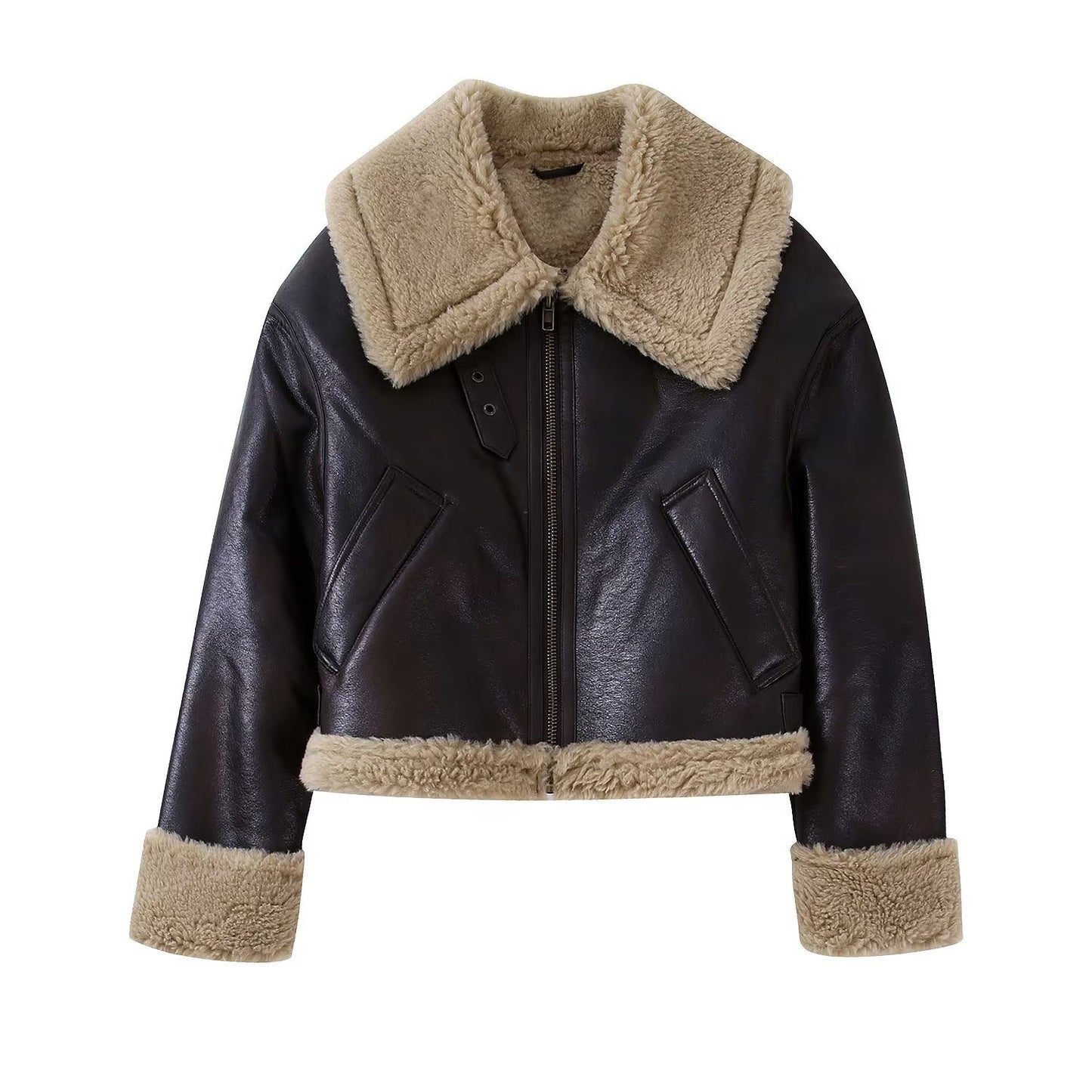 PU Leather Aviator Jacket | Sherpa Trim | Warm Winter Outerwear | Vintage Style
