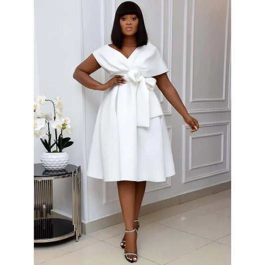 Off-Shoulder A-Line Dress | Front Bow Detail | Elegant Cocktail Silhouette